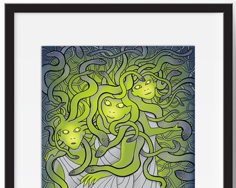 Medusa and the Gorgon Sisters Art Print, Ancient Greek Mythology, Fantasy Snake Goddess Art