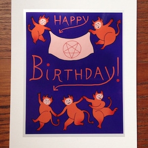 Demonic Happy Birthday Card, Satanic Greeting Card, Dancing Devils, Demons, Satan, Pentagram, Creepy Cute, Hell image 1