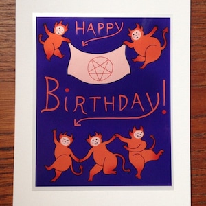 Demonic Happy Birthday Card, Satanic Greeting Card, Dancing Devils, Demons, Satan, Pentagram, Creepy Cute, Hell
