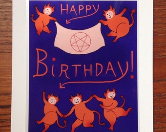 Demonic Happy Birthday Card, Satanic Greeting Card, Dancing Devils, Demons, Satan, Pentagram, Creepy Cute, Hell