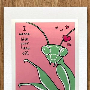 Praying Mantis Funny Valentine Card, Insect, Weird, Offbeat for Valentines Day, Blank, 5x7 I Love You Greeting Card image 1