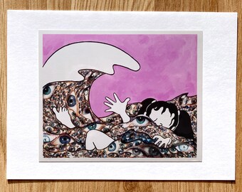 Eyeball Wave 5x7 Blank Greeting Card, A7, Pink, Weird, Unusual, Unique Collage Card