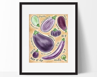 Eggplant Art Print, Kitchen Wall Art, Food Art, Vegetable Art Print, 8x10 Illustration, Kitchen Decor, Botanical Art Print