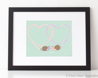 Snail Trails of Love 8x10 Art Print, Valentines Day Gift, Mint Green Wall Art, I Love You, Cute Animal Nursery Art