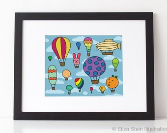 Hot Air Balloons Art Print, 11x14 or 8.5x11 Poster, For Children, Kids, Baby, Babies, Nursery Art