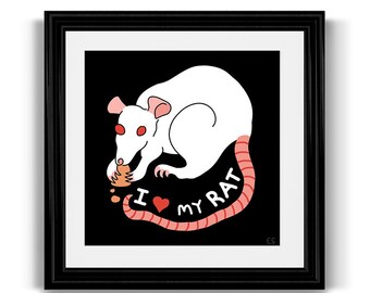 I Love My Rat Art Print, Square 10x10 Cute White Albino Rat, Gift for Rat Lovers, Owners, Pet Illustration