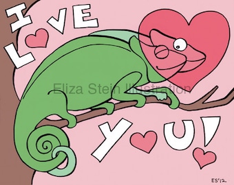 Chameleon Valentine Card, Cute Valentine's Day Greeting Card, I Love You Card, Lizards in Love, 5x7 Blank Card