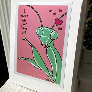 Praying Mantis Funny Valentine Card, Insect, Weird, Offbeat for Valentines Day, Blank, 5x7 I Love You Greeting Card image 4