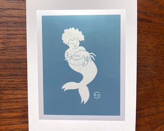 Cancer Zodiac Sign Greeting Card, Mermaid, Crab, Birthday Card, Astrology Card, Star Sign Card, Blank Card