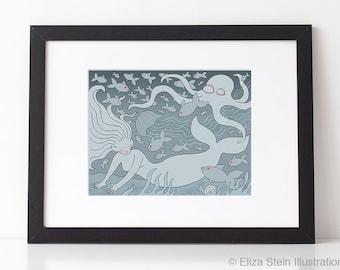 Mermaid Art Print, Bioluminescent Deep Sea Ocean Life, Blue Grey Sea Creatures Illustration for Children, Nursery