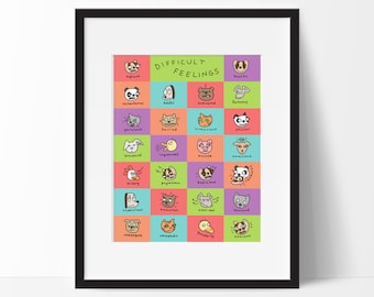 Difficult Feelings Poster, Educational Alphabet Vocabulary Word Art for Kids, Children, Emotions, Language Arts Classroom Decor, Teacher