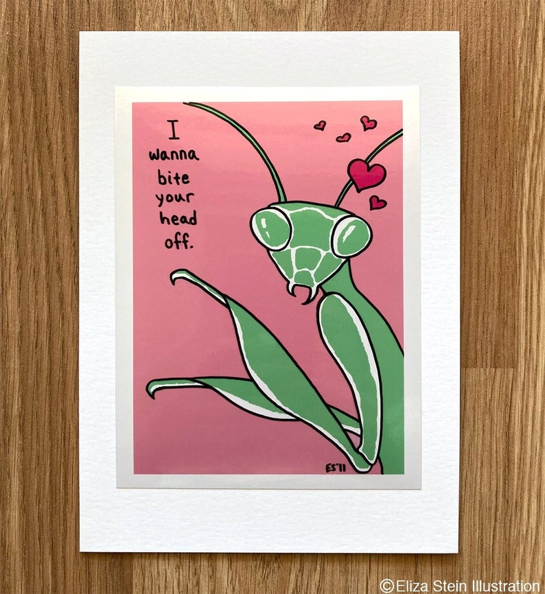 Praying Mantis Funny Valentine Card, Insect, Weird, Offbeat for Valentines Day, Blank, 5x7 I Love You Greeting Card image 1
