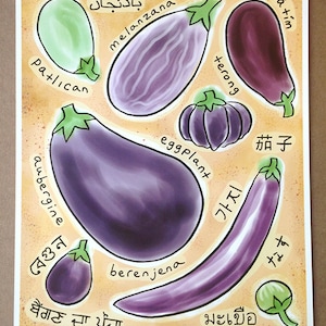 Aubergine Art Print, kunst aan de muur keuken, Food Art, plantaardige Art Print, 8 x 10 illustratie, keukendecor, botanische kunst Print