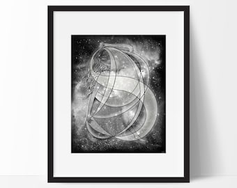 Nyx, Goddess of Night, Outer Space Galaxy Art Print in Black and White, Celestial Wall Decor, Celestial Art, Greek Goddess Art