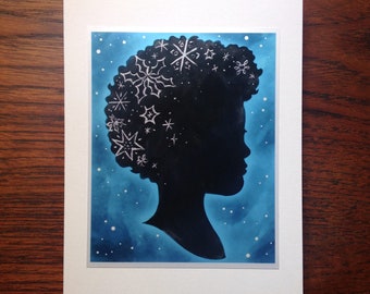 Winter Silhouette Greeting Card, Winter Solstice Card, Snowflakes, Nonreligious, Secular Holiday Card, Girl, Woman with Afro, Blank Card