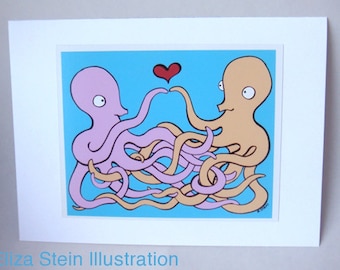 Octopus Valentines Day Greeting Card, I Love You Card, Friendship, Valentine, 5x7, Blank, Sea Creatures, Cute, Tentacles