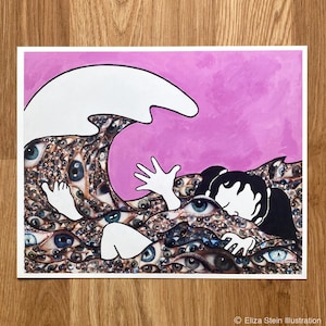 Pink Eyeball Wave 8x10 Art Print, Weird, Creepy, Abstract, Illustration, Mixed Media Collage of Eyes, The Great Wave