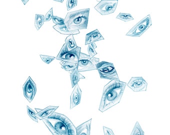 Eye Study No. 7, 10x13 Giclee Fine Art Print, Blue Eyes, Eyeballs, Illustration, Weird, Psychedelic Art, Shards, Surreal Art