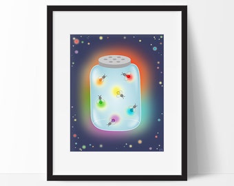 Rainbow Fireflies Art Print, 8x10 Firefly Jar Illustration, Childrens Nursery Wall Art, Gay Lesbian LGBT Pride