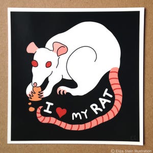 I Love My Rat Mini Art Print, Square 5x5, Cute White Albino Rat, Gift for Rat Lovers, Owners, Pet Illustration