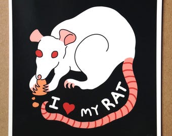 I Love My Rat Mini Art Print, White Albino Rat, Gift for Rat Lovers, Pet Illustration