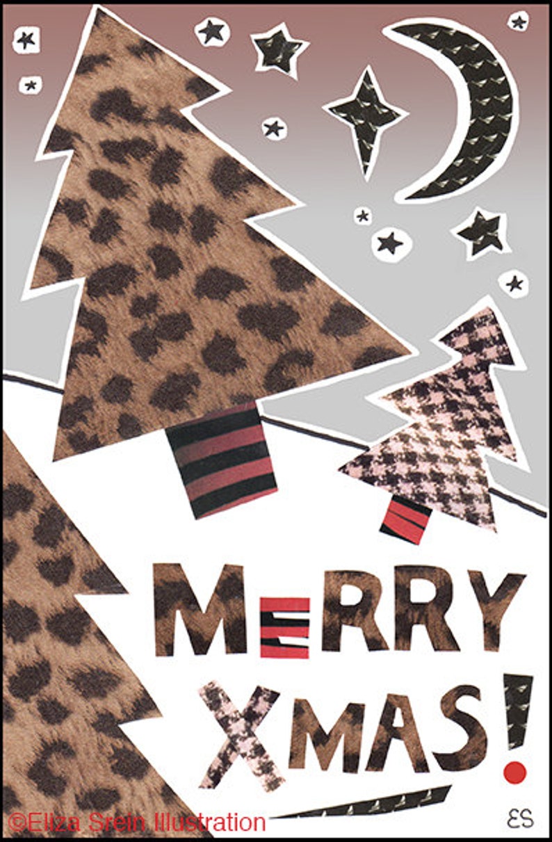 Leopard Print Christmas Card, Cheetah Print Merry Xmas Card, Red White and Black Collage Greeting Card image 3