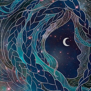 Outer Space Wall Art, Galaxy Art Print, Moon Goddess Fantasy Illustration, Carina Nebula, Celestial Wall Decor