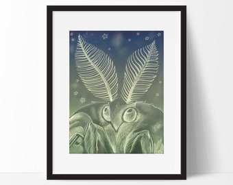Luna Moth Portrait Art Print, Closeup Insect Illustration