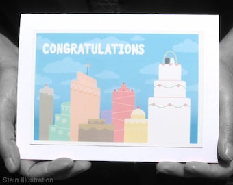 City Skyline Wedding Greeting Card, Blank, 5x7, Cityscape, Skyscraper, Buildings, Quirky, Funny, Urban Card