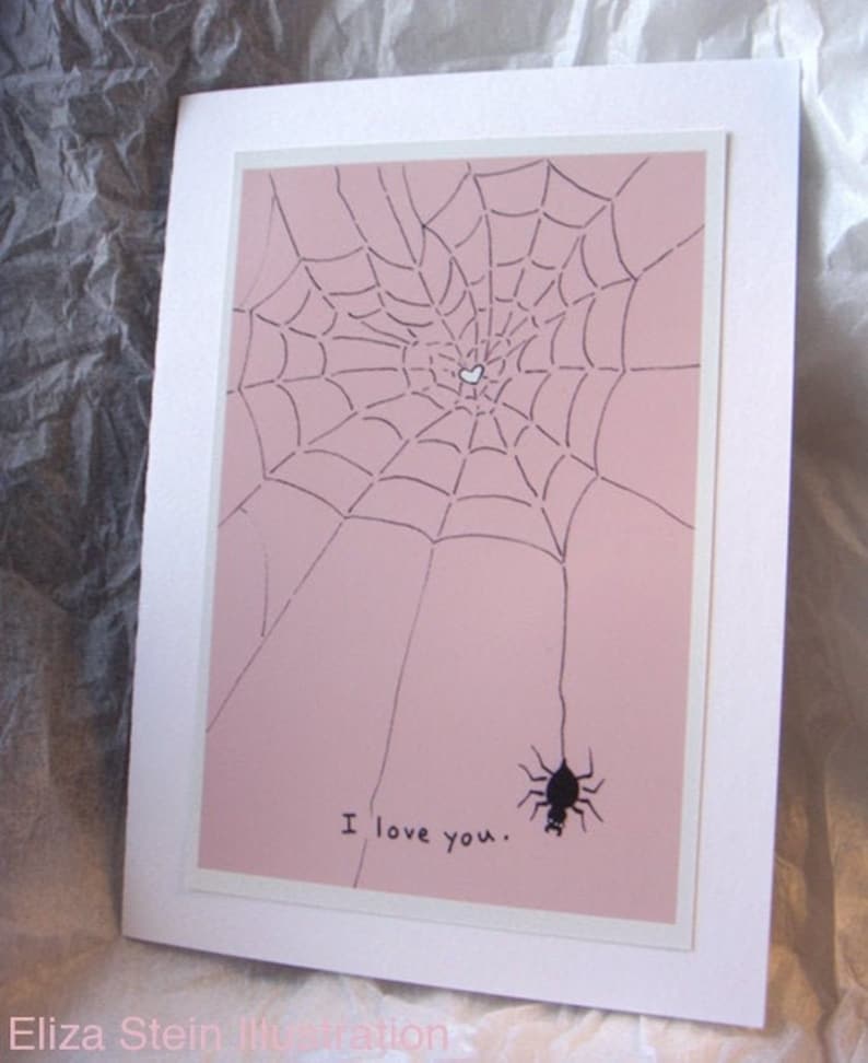 Pink Spider Valentines Day Card, I Love You Card, Weird Valentine Card, Spiderweb, Pastel Goth, 5x7 Blank Greeting Card image 2