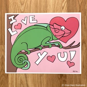 Chameleon Art Print, Lizard, 8x10, Nursery Art, Childrens Wall Art, I Love You, Valentines Day Art, Valentine&#39;s Day Gift