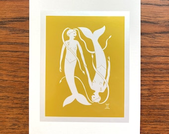 Gemini Mermaid Birthday Card, Blank Greeting Card, Zodiac Twins, Star Sign Card, Astrology Card