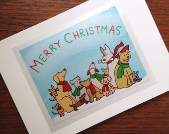 Dogs in Winter Scarves Merry Christmas Card, 5x7 Xmas Greeting Card, Dog Card, Holiday Card, Cute Card, Pet Card