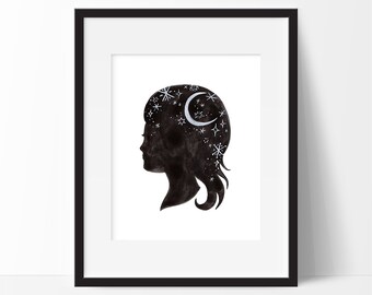 Winter Silhouette, 8x10 Giclee Fine Art Print, Crescent Moon, Snowflakes, Stars, Celestial, Black and White, Ink Illustration, Nursery Art