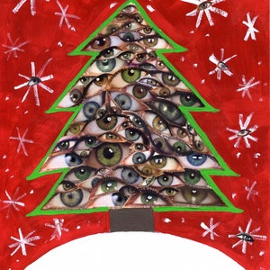 May include: A green Christmas tree made of eyes on a red background with white snowflakes. The tree has a star on top. The text (c) Eliza Stein Illustration is at the bottom of the image.