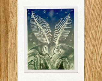 Carte de voeux papillon de nuit, insecte mignon avec grande antenne, carte pour les amoureux de la nature, des animaux, des invertébrés et des insectes