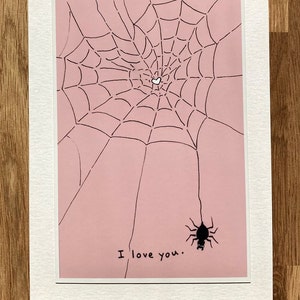 Pink Spider Valentines Day Card, I Love You Card, Weird Valentine Card, Spiderweb, Pastel Goth, 5x7 Blank Greeting Card image 1
