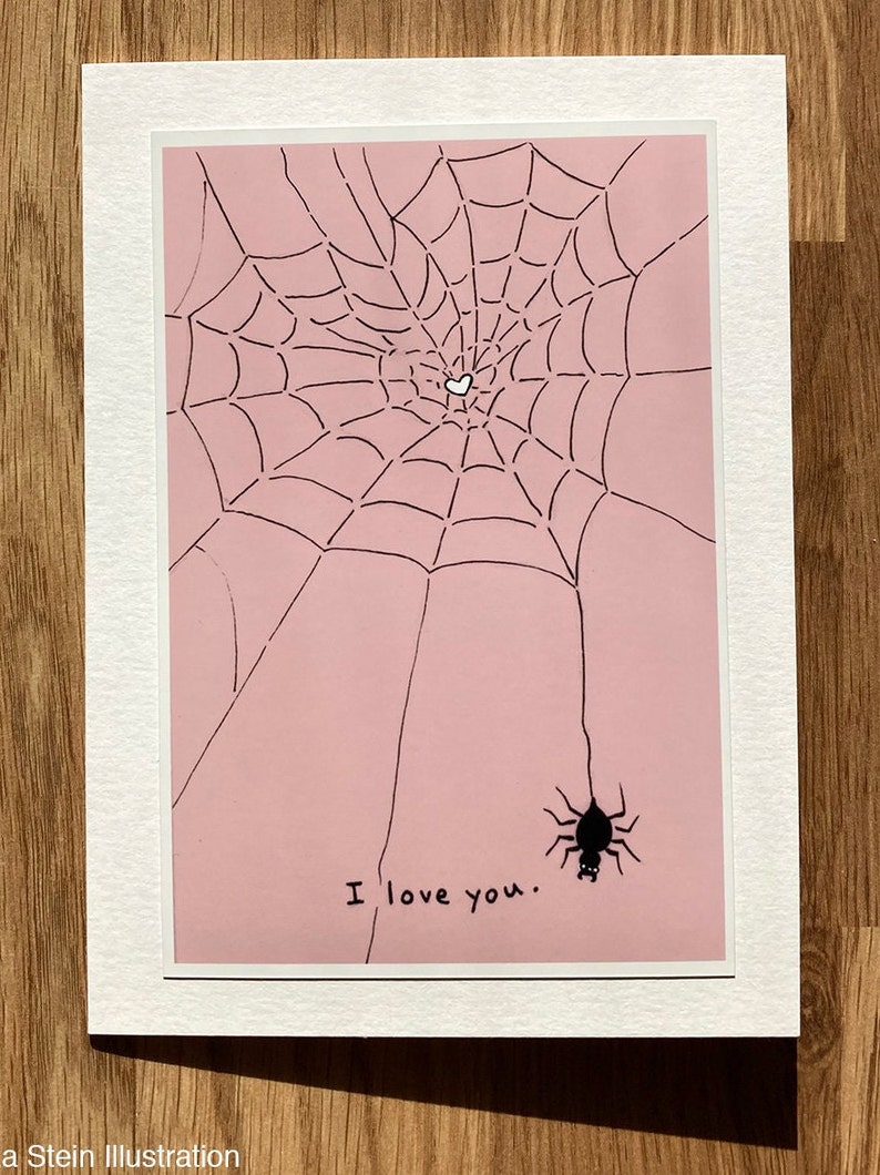 Pink Spider Valentines Day Card, I Love You Card, Weird Valentine Card, Spiderweb, Pastel Goth, 5x7 Blank Greeting Card image 1