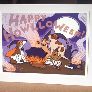 Canine Coven grappige Halloween-kaart, 5 x 7 Happy Halloween-wenskaart, leuke Halloween-kaart voor kinderen, kinderen, heksen, honden