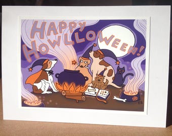 Pode incluir: Um cartão de Halloween roxo e branco com um grupo de cães vestidos de bruxas e um gato. O cartão diz "Happy Howl-oween!"