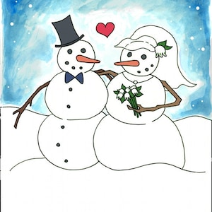 Schneemann Hochzeit Grußkarte, Glückwünsche, Schnee Paar, Braut und Bräutigam, Winter, blanko, 5x7 Karte