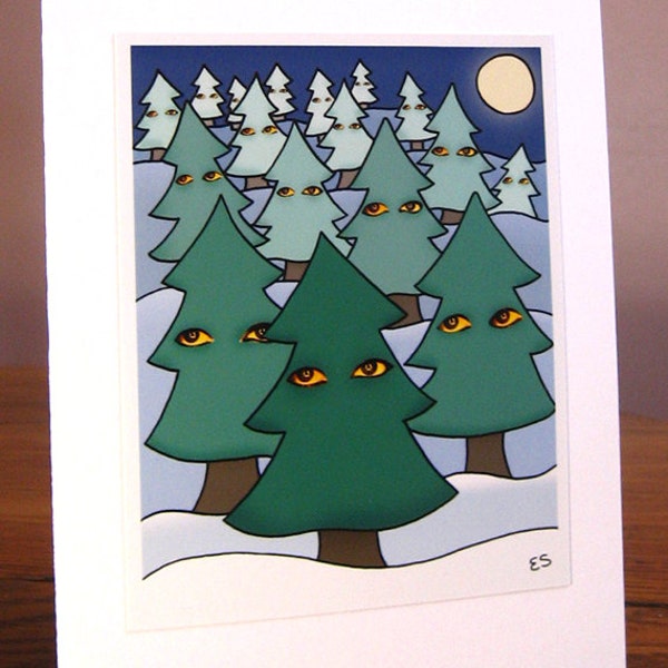 Weird Holiday Greeting Card, Creepy Christmas Card, Winter, Xmas Trees, Bizarre Blank Card