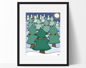 Weird Woods Art Print, Creepy Christmas Tree Forest, Evergreen Pine Wall Art, Wall Decor