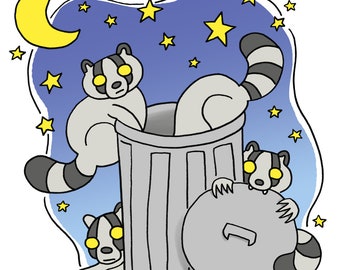 Four Raccoons 8x8 Art Print, Creepy Cute, Spooky Animal Illustration, Trash Panda, Garbage Can