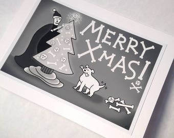 Grim Reaper Christmas Card, 5x7, Merry Christmas, Merry Xmas, Morbid, Black and White, Creepy Cute, Spooky Goth Card