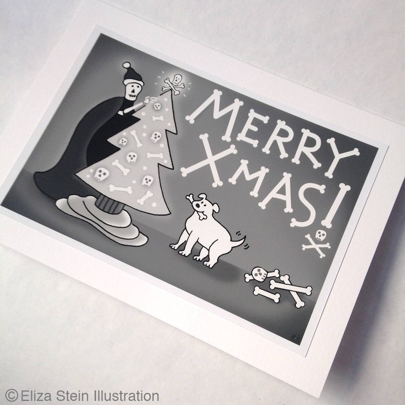 Grim Reaper Christmas Card, 5x7, Merry Christmas, Merry Xmas, Morbid, Black and White, Creepy Cute, Spooky Goth Card image 1