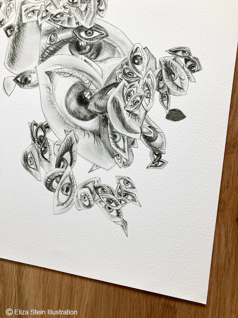 Eye Study No. 3, Fine Art Giclee Print, Eyeball, Black and White, Trippy, Weird, Psychedelic, Surreal Art, Surrealism, Illustration, Drawing image 5