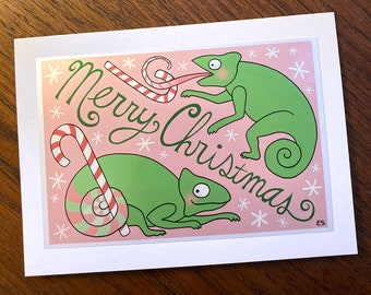 Chameleons and Candy Canes Christmas Card, Lizard, Xmas Card, Reptile, Holiday Card, Greeting Card, Funny, Cute, Animals