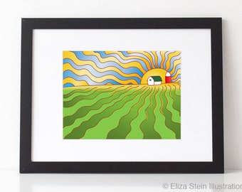 Iowa Cornfield Art Print, 9x12, Abstract, Landscape, Farm, Poster, Illustration, Fall