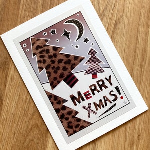 Leopard Print Christmas Card, Cheetah Print Merry Xmas Card, Red White and Black Collage Greeting Card image 1